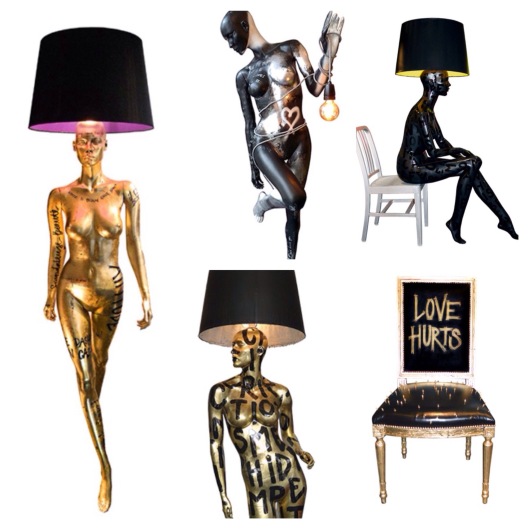 Statue lamps, chair, women shaped chandelier by Jimmie Martin
